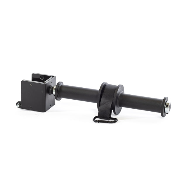 The Bells of Steel Wrist Roller and Rack Attachment is a black cylindrical component with a square base, T-shaped handle, strap, and clip. Its industrial design includes several visible bolts and fittings.