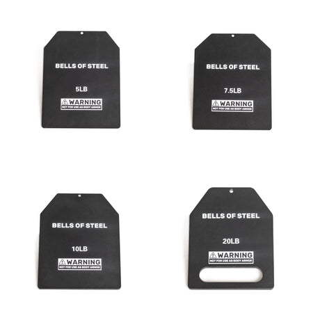 Four durable steel "Plates for Weight Vest" by Bells of Steel USA, weighing 5LB, 7.5LB, 10LB, and 20LB. Each plate includes the warning "NOT FOR USE AS BODY ARMOR." The versatile 20LB plate has a handle cutout for easy carrying.