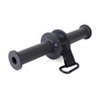 The Bells of Steel Wrist Roller and Rack Attachment is a black cylindrical grip strength device with a central handle, two flared ends, and a strap with a metal carabiner, shown against a plain white background.
