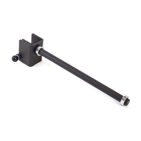 The Bells of Steel Wrist Roller and Rack Attachment is a black metal rod with a rectangular clamp and round handle, shown diagonally on a white background, designed to boost grip strength during workouts.