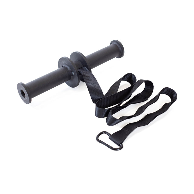 A black Wrist Roller and Rack Attachment by Bells of Steel designed to boost grip strength, featuring a sturdy handle with a neat black strap and metal clip coiled beside it, set against a white background.