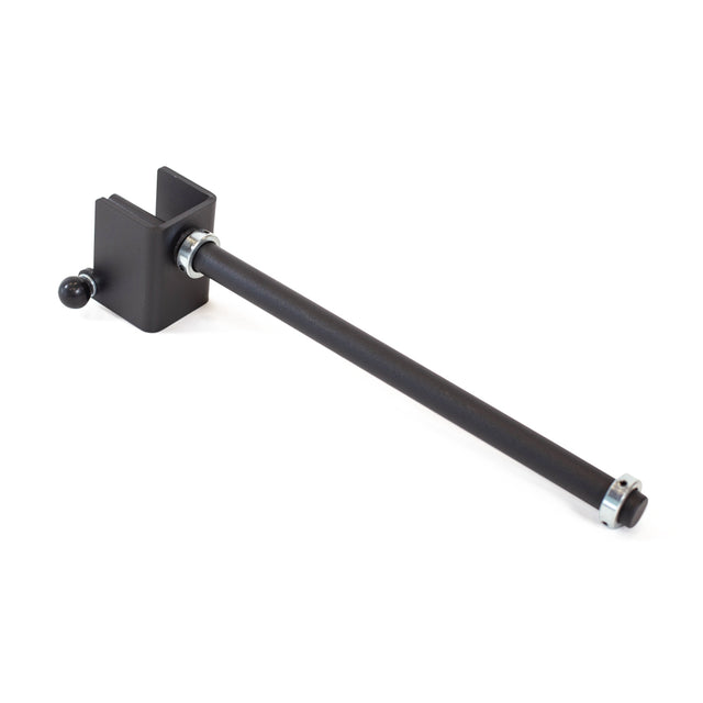 The Bells of Steel Wrist Roller and Rack Attachment is a black metal bracket with a long cylindrical rod, featuring a knob on one side and metal rings for adjustability. It serves as mounting or support for enhancing grip strength exercises.