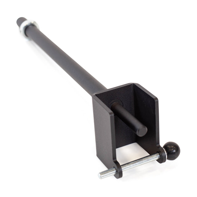 The Bells of Steel Wrist Roller and Rack Attachment is a versatile black metal clamp featuring a long, cylindrical rod and securing pin. Its minimalist design includes a square-shaped opening for easy attachment, while the smooth matte surface adds elegance and enhances grip strength.