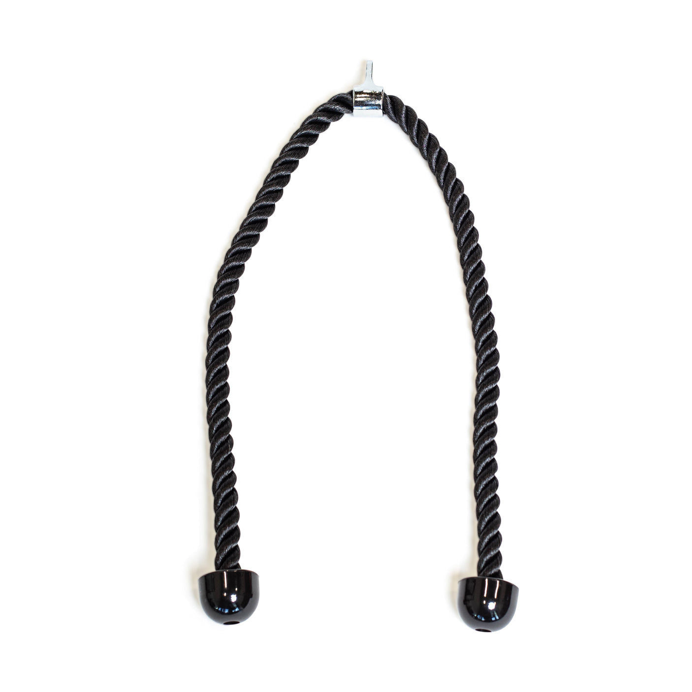 The image shows the Bells of Steel Extra Long Tricep Rope Extension (137cm), featuring a black twisted rope with chrome end caps and a metal hook, ideal for cable machines and tricep exercises, displayed against a white background.