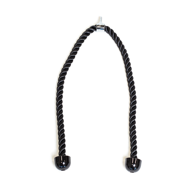 The image shows the Bells of Steel Extra Long Tricep Rope Extension (137cm), featuring a black twisted rope with chrome end caps and a metal hook, ideal for cable machines and tricep exercises, displayed against a white background.