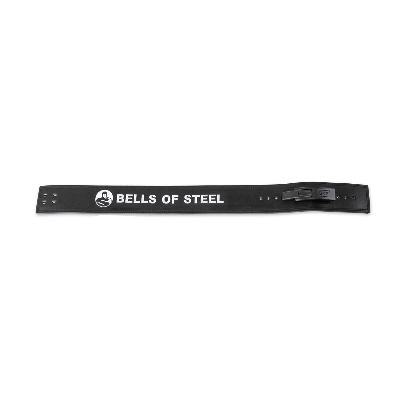 The Bells of Steel Lever Belt is a black leather weightlifting belt with a lever buckle, "BELLS OF STEEL" text, and kettlebell logo in white, providing sturdy core support. It’s shown laid flat on a white background.