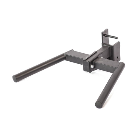 The Bells of Steel Y Dip Bar Rack Attachment is a black metal accessory with two parallel handles, built for squat racks or power cages—perfect for bodyweight dips and pairing with a dip belt for extra resistance.