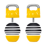 The Bells of Steel Adjustable Competition Kettlebell features two yellow shoe trees with black horizontal stripes, crafted to retain the shape of shoes. Standing upright with sleek silver handles on top, these kettlebells boast egg-shaped bodies that mimic the segmented black and yellow bands of competition-style kettlebells for an athletic aesthetic.