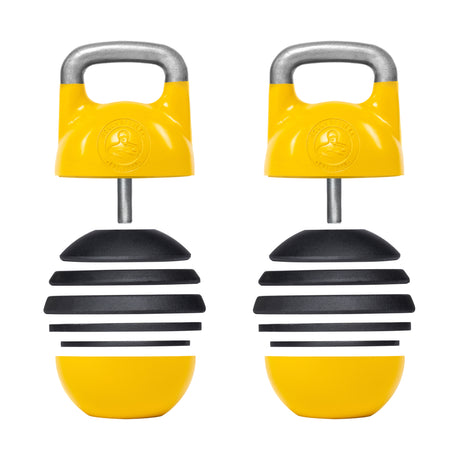 Bells of Steel's Adjustable Competition Kettlebell, with a yellow and black design, doubles as adjustable dumbbells. They have a stackable round section structure and sturdy top handle for kettlebell training, featuring a compact modern look.