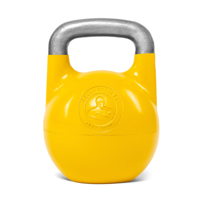 The Adjustable Competition Kettlebell by Bells of Steel is a vibrant yellow kettlebell with a silver handle, featuring an embossed logo depicting a strongman alongside the text "Bells of Steel Est. 2009." It stands upright against a white background, showcasing its adjustable weight increments for optimal performance.