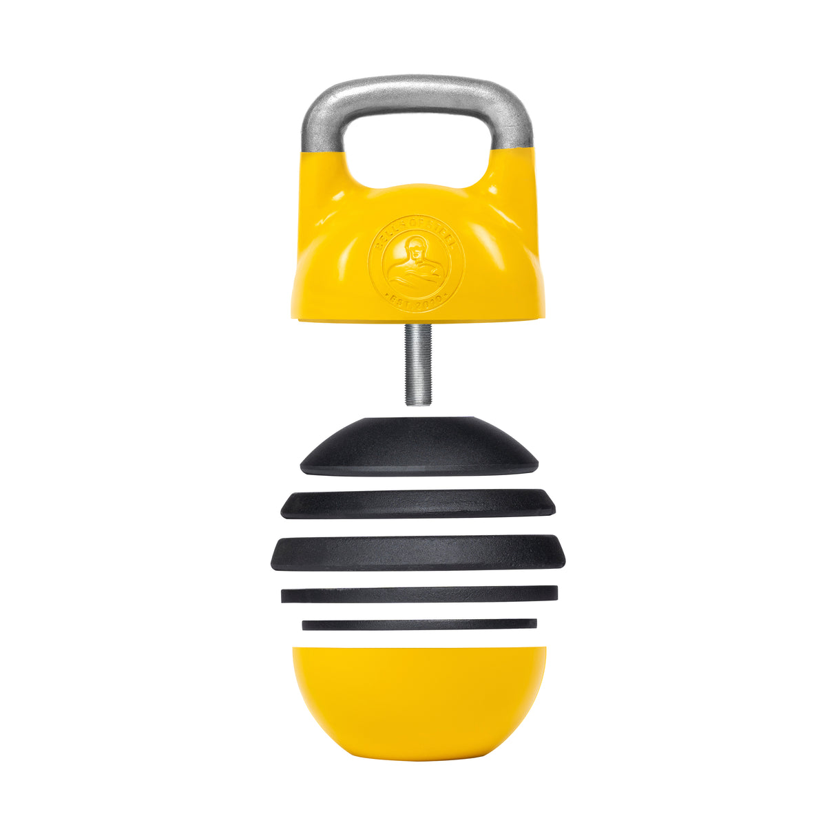 Introducing the Adjustable Competition Kettlebell by Bells of Steel, a kettlebell with a unique yellow and black bee-inspired design. It features horizontal black stripes on a yellow base and has a silver handle on top. This kettlebell is ideal for adding buzz to your workouts, complete with an emblem located near the handle.