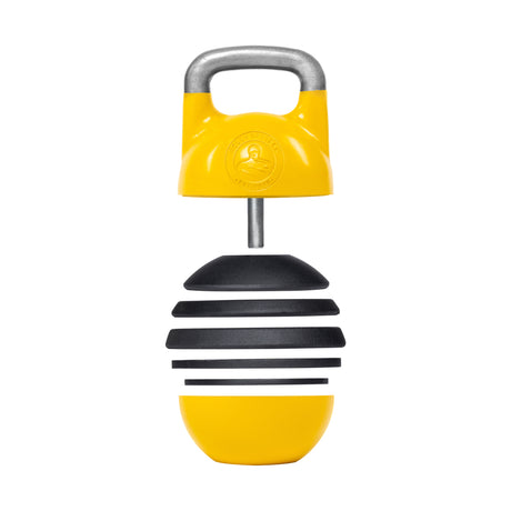 The Bells of Steel Adjustable Competition Kettlebell features a distinct yellow top and handle with a logo, and a beehive-patterned lower section in alternating black rings on yellow—ideal for boosting your kettlebell training.