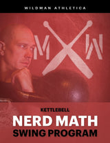 A thoughtful man with a kettlebell rests his chin on his fist, logo behind him. Text: "Swing Program - By Mark Wildman (Digital Product) by Bells of Steel.