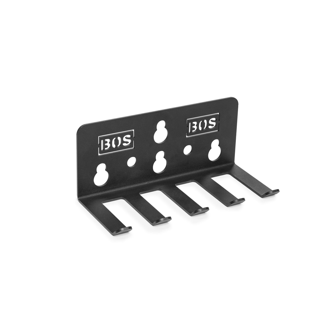 The Bells of Steel Accessory Holder (Wall or Rack Mounted) is a black metal bracket with four hooks, perfect for organizing barbell collars or chains. It features multiple keyhole slots and two cut-out "BOS" logos on the backplate.