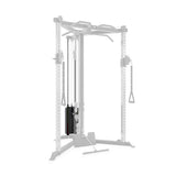 The Bells of Steel All-in-One Trainer features a weight stack, cables, and handles attached to a transparent power rack—an ideal addition to any home gym.
