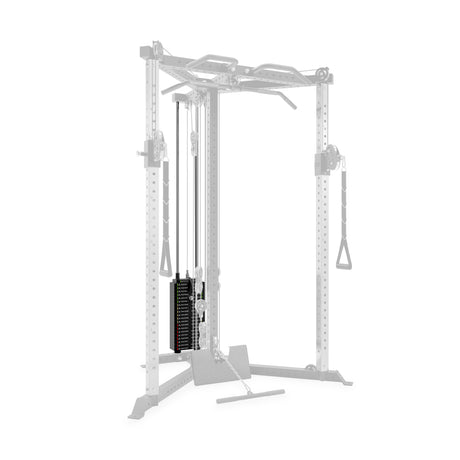 The Bells of Steel All-in-One Trainer features a weight stack, cables, and handles attached to a transparent power rack—an ideal addition to any home gym.