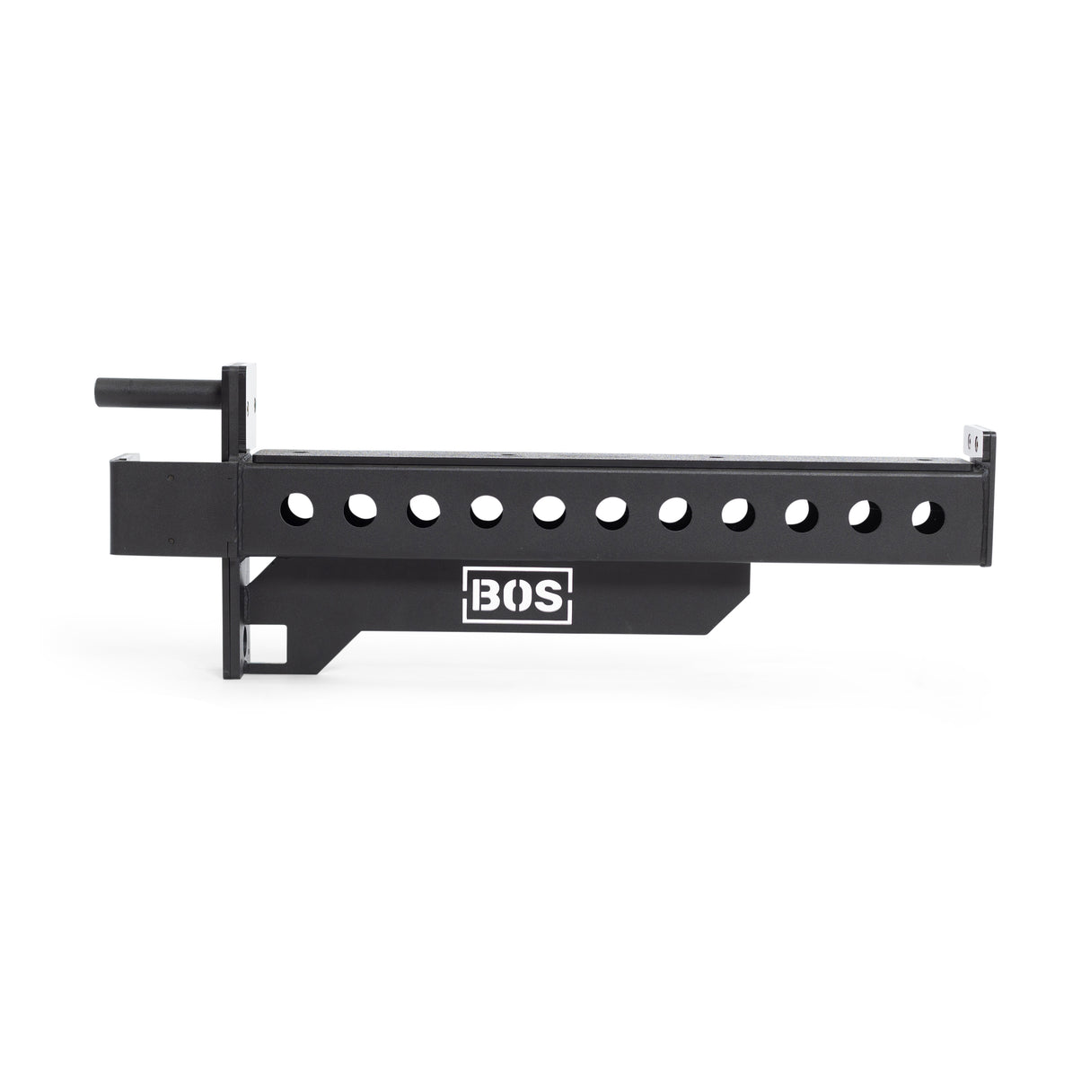 The Spotter Arms Rack Attachment by Bells of Steel is a black metal adjustable bracket featuring the BOS logo in white. It includes multiple holes, UHMW lining, and a locking mechanism on a horizontal orientation against a plain white background.