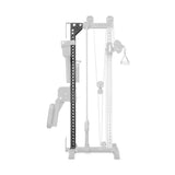 A close-up view of the Bells of Steel USA Oblivyon Tower - 3x3″ Cable Tower - Back Upright, featuring the black-highlighted adjustable vertical bar and pulley system; rack-mounted attachments on the back upright are subtly visible while the remainder of the machine appears faded out.