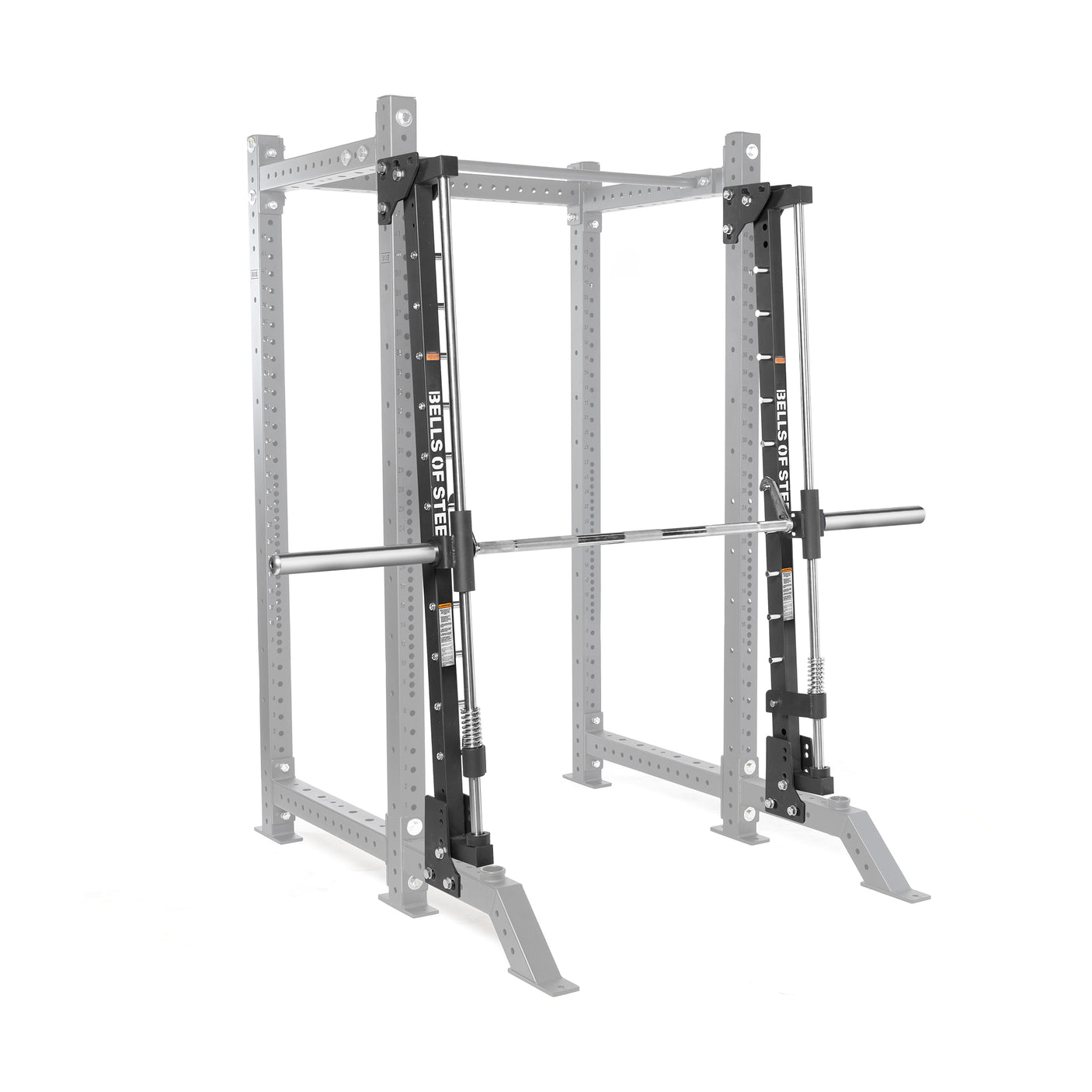 The Bells of Steel Smith Machine Rack Attachment is a silver and black metal power rack accessory with a barbell on sliding tracks, providing guided, stable weightlifting and reliable workout support.