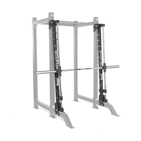 The Bells of Steel Smith Machine Rack Attachment is a silver and black metal power rack accessory with a barbell on sliding tracks, providing guided, stable weightlifting and reliable workout support.