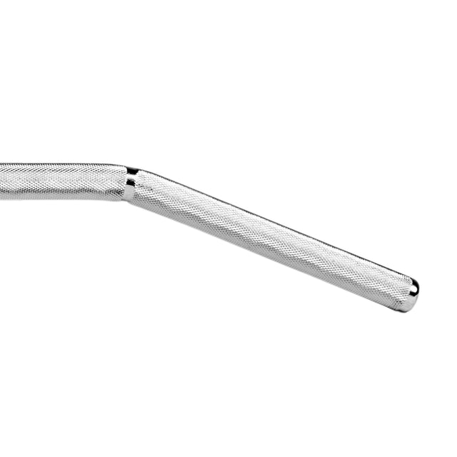 A close-up of the Bells of Steel Lat Pulldown Bar, featuring a metallic knurled grip and slight bend, designed for cable machine workouts, isolated on a white background.