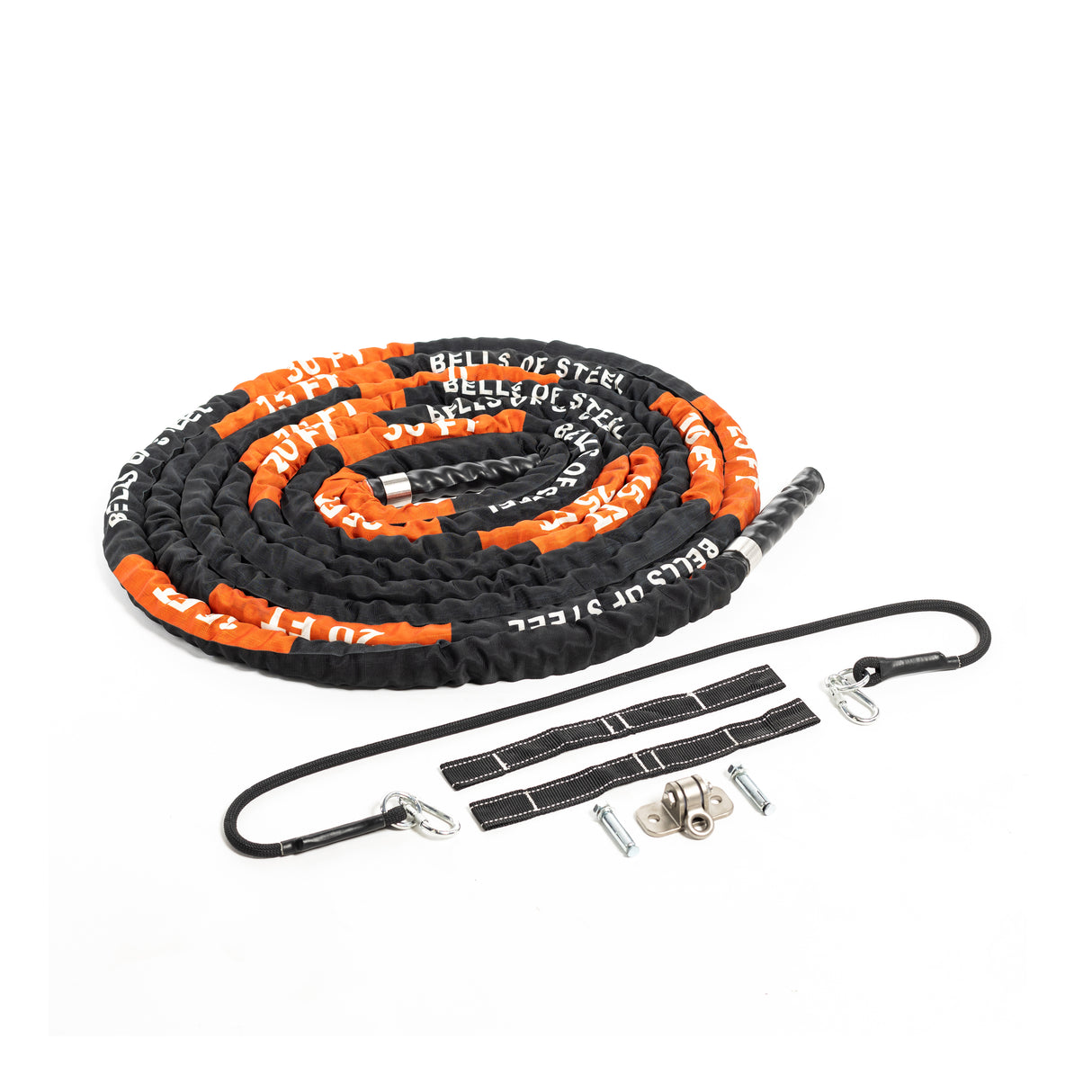 The Bells of Steel Battle Rope comes in black and orange, ideal for conditioning workouts. It features a durable sleeve, metal attachments, and bolts for easy installation.