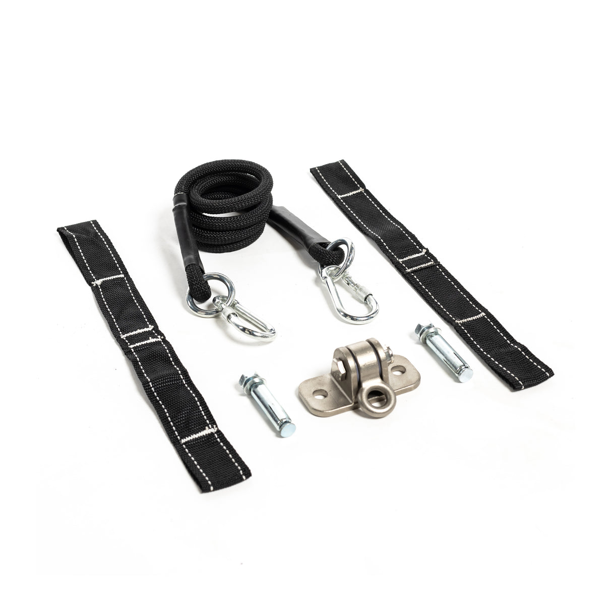 The Bells of Steel Battle Rope set includes two black nylon straps, two steel bolts, a wall mount bracket, and a sleeve-encased black resistance band with carabiners for conditioning workouts. All items are elegantly displayed on a pristine white background.