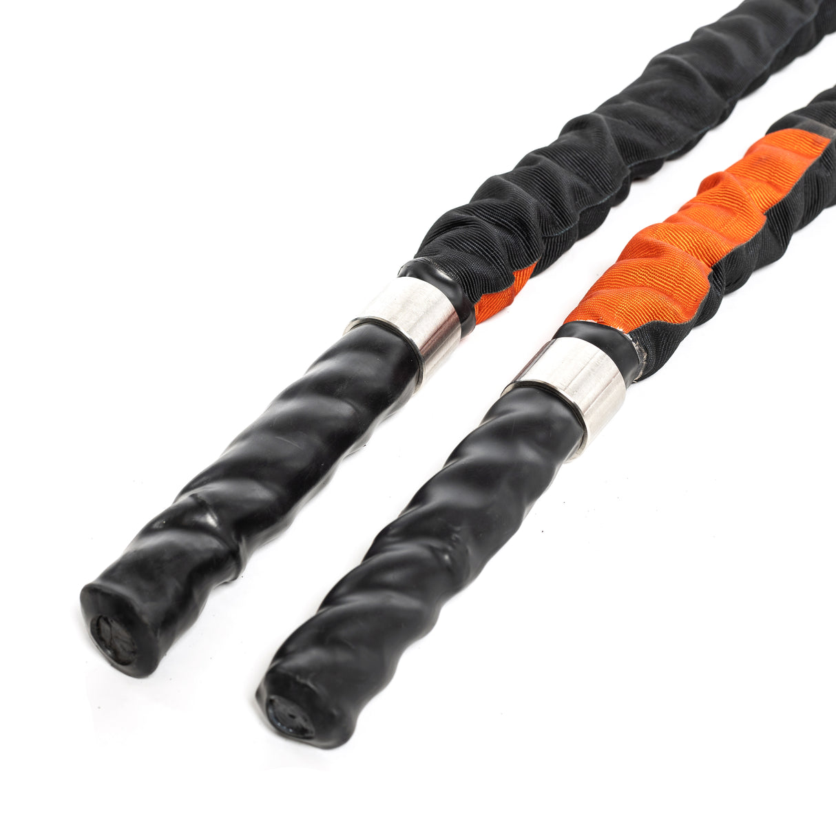 Bells of Steel's Battle Rope offers two black ropes with orange and black durable sleeves, perfect for conditioning workouts. Textured black handles enhance grip, promising style and strength. Displayed on a plain white background, they elevate your fitness training experience.