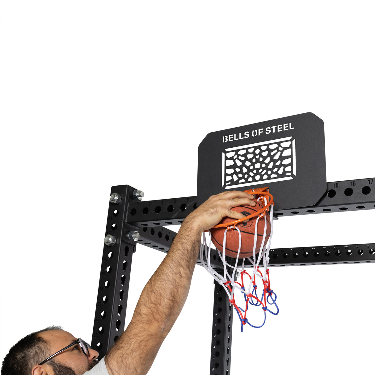 A model doing a dunk on the bells of steel rack attacked basketball hoop