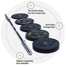 The image showcases a Barbell and Plate Custom Set with various plates labeled "Bells of Steel" and "EST. 2010." Surrounding text includes, "The Perfect Plates For Your Dream Gym," "Best Value Package Deal," and options for regular & specialty bars.