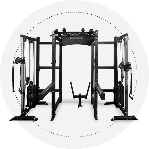 The Hydra Trident Station, a versatile gym power rack from related_to_7870759600325, features attachments like pulley systems, cables, and handles. The equipment is displayed against a white background with a dotted circular design.