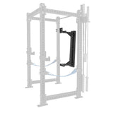 The Bells of Steel Wall or Rack Mounted Bench Hanger maximizes gym floor space by offering convenient bench storage on the side of a rack, with barbells stored vertically for an organized, efficient workout area.