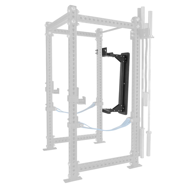 The Bells of Steel Wall or Rack Mounted Bench Hanger maximizes gym floor space by offering convenient bench storage on the side of a rack, with barbells stored vertically for an organized, efficient workout area.