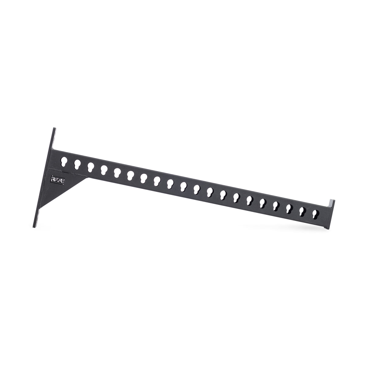 The Bells of Steel Utility Arm is a black metal bracket for mounting on a wall stud. It has multiple round cutouts, an angled support at one end, and a flat base at the other, resembling a utility arm with a visible manufacturer's label on the side.