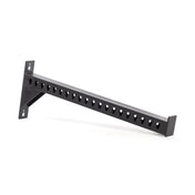 The Bells of Steel Utility Arm is a black metal bracket with evenly spaced circular holes and a rectangular base for easy wall stud mounting, featuring a slightly angled, modern design ideal for any power rack.