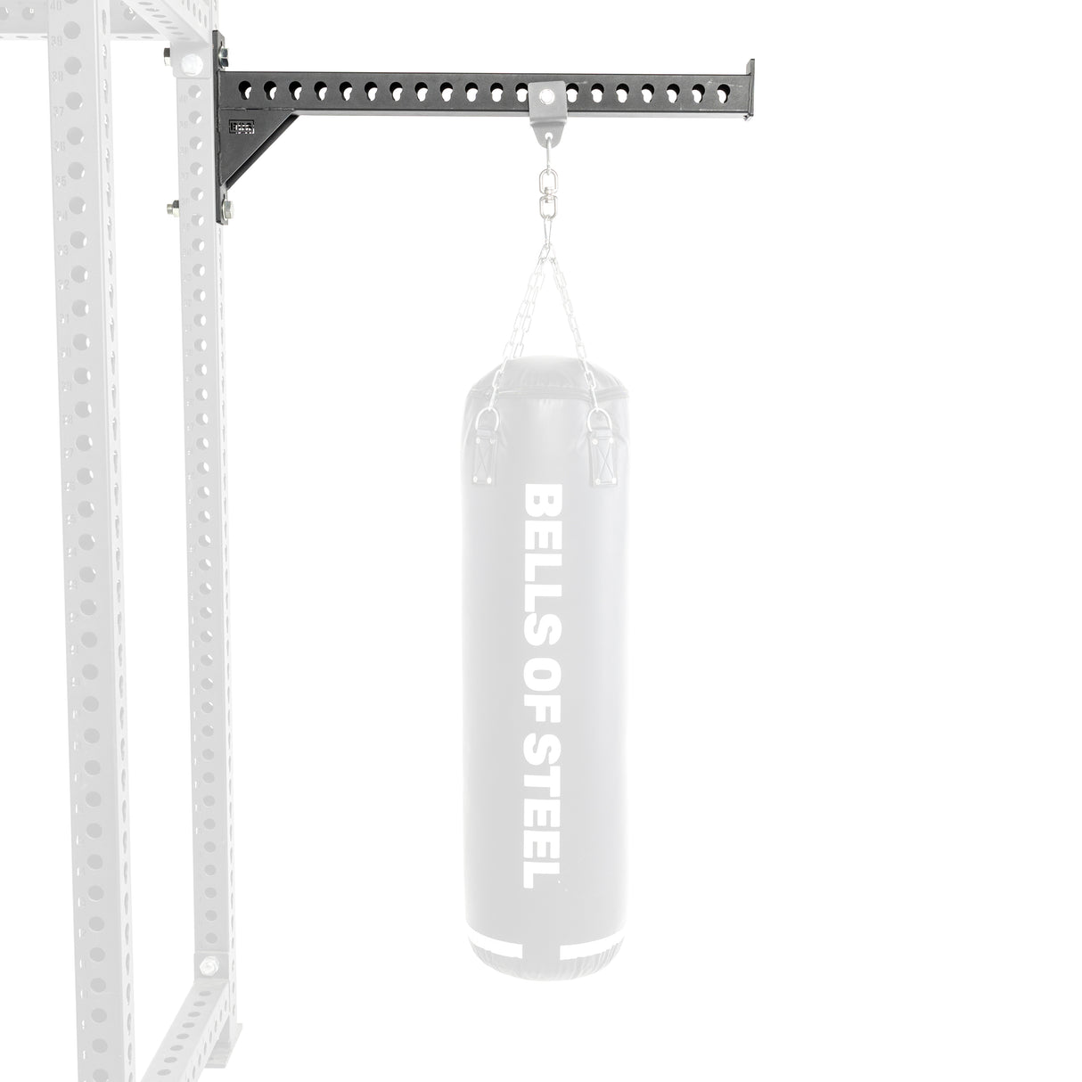 A Bells of Steel hanging punching bag is attached to an adjustable height utility arm on a power rack, using chains, set against a plain white background.