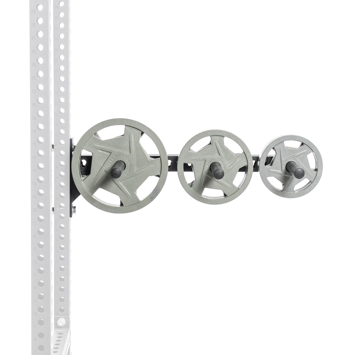 The Bells of Steel Utility Arm features three star-shaped metal pulleys decreasing in size from left to right, mounted on a perforated vertical support beam resembling a power rack, set against a plain white background.