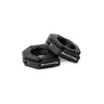 Two black, hexagonal Magnetic Clamp Collars from Bells of Steel are displayed on a white background, with one collar resting slightly atop the other.