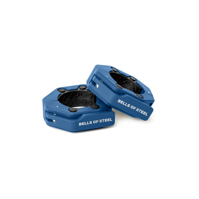 Two blue Magnetic Clamp Collars by Bells of Steel, featuring black inner grips and "BELLS OF STEEL" printed in white, are shown on a white background.