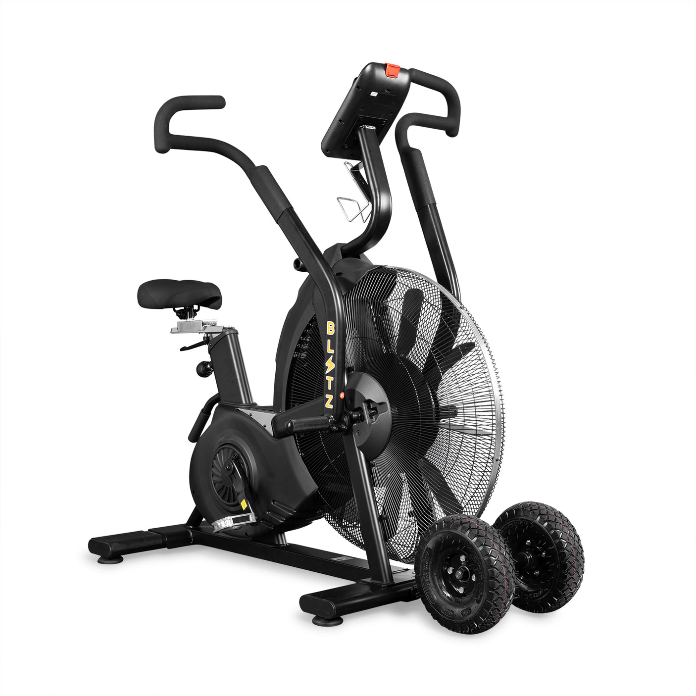 The Bells of Steel Blitz Max Air Bike is a black air bike with dual handlebars, large front fan, adjustable seat, digital display, and two rugged wheels—ideal commercial cardio equipment for intense workouts.