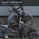 Side view of the Bells of Steel Blitz Max Air Bike, a commercial air bike with a 25-inch, 7-blade steel fan, "BLITZ" on the frame, and an adjustable air damper, set against a gray wall and floor.
