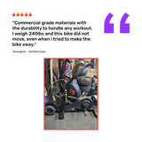 A customer review praises the durable Blitz Max Air Bike by Bells of Steel for its sturdy build and 240 lb weight capacity. The image shows this commercial fitness equipment with handlebars and foot pedals in a gym setting.