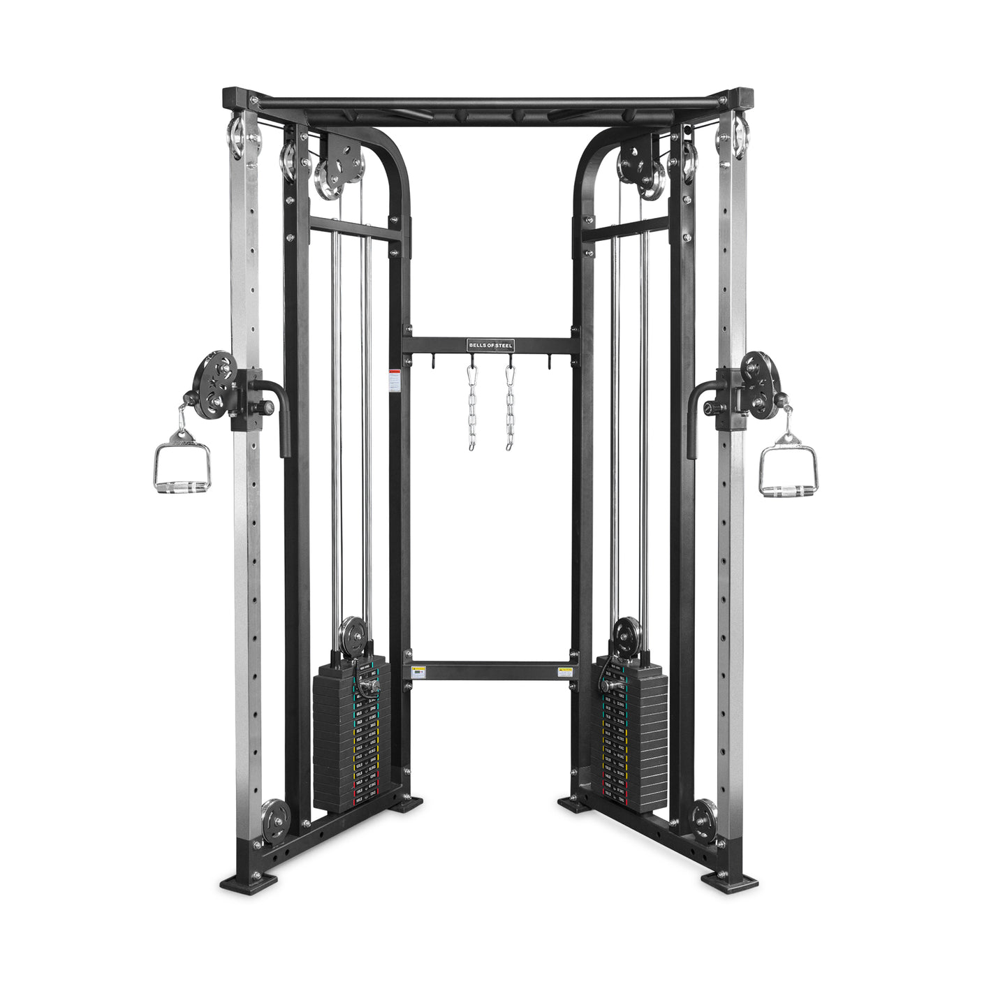 The Bells of Steel Functional Trainer features dual adjustable pulleys, weight stacks, and handles on both sides—an all-in-one cable machine built for versatile strength training in any gym.