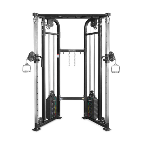 The Bells of Steel Functional Trainer features dual adjustable pulleys, weight stacks, and handles on both sides—an all-in-one cable machine built for versatile strength training in any gym.