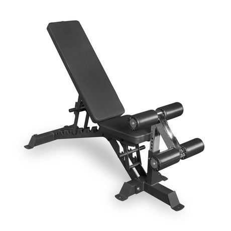 The Bells of Steel Buzz-Saw Heavy-Duty Adjustable Bench features a padded incline backrest, supportive leg rollers, and a sturdy black metal frame—perfect for strength training and durability in your home gym.