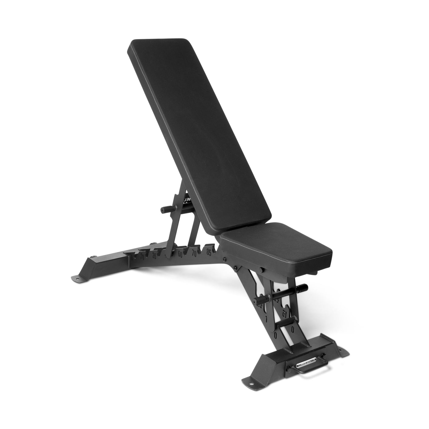 The Bells of Steel Buzz-Saw Heavy-Duty Adjustable Bench features a padded seat and backrest on a sturdy metal frame, angled upright for versatile strength training exercises.