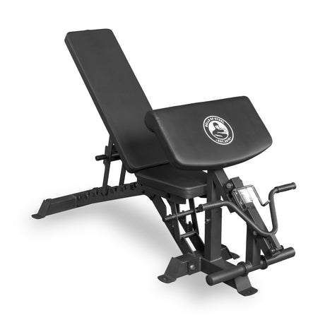 The Bells of Steel Buzz-Saw Heavy-Duty Adjustable Bench features a padded seat and backrest, preacher curl attachment, footrests, and lever arm for weightlifting. Premium gym equipment shown on a white background.