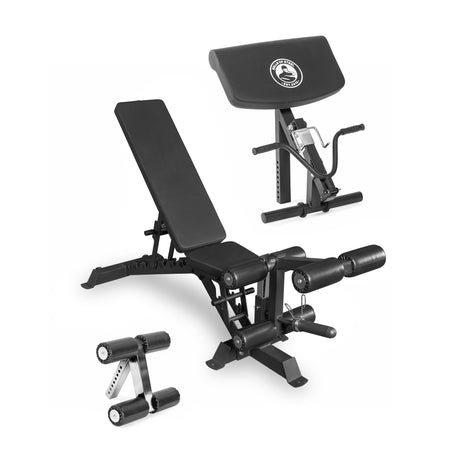The Bells of Steel Buzz-Saw Heavy-Duty Adjustable Bench features a padded black seat and backrest, detachable preacher curl pad with handle, and leg developer attachment, all shown on a white background.