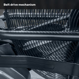 Close-up view of the Blitz Air Bike’s belt drive mechanism by Bells of Steel, showing interwoven black metal bars and components. Text at the top reads "Belt drive mechanism.
