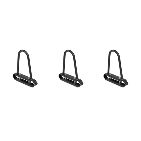 The Bells of Steel USA Divider for Bumper Plate Shelf (Pack of 3) features black metal U-shaped brackets with rectangular bases, perfect as adjustable shelf dividers, shown evenly spaced on a white background.